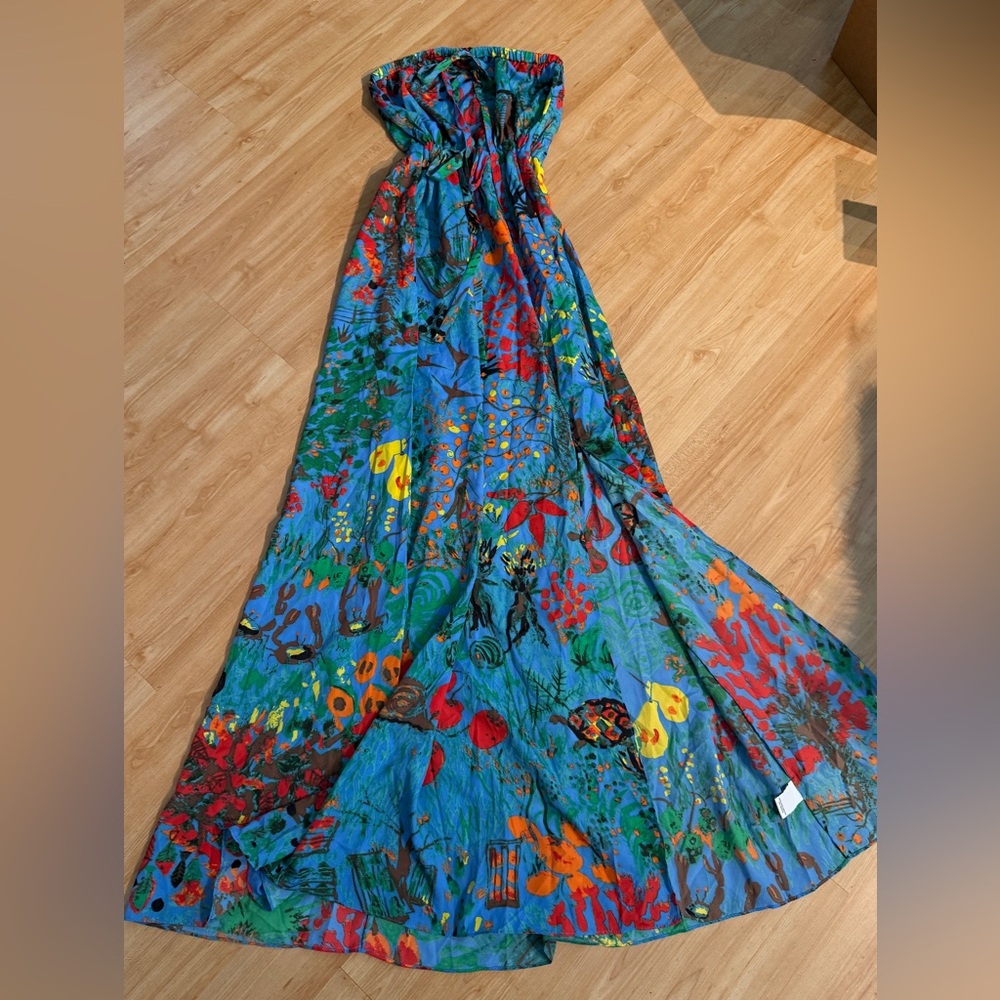 Vibrant colorful Flowy Strapless (with neck tie opt) Maxi Dress w/high leg slit